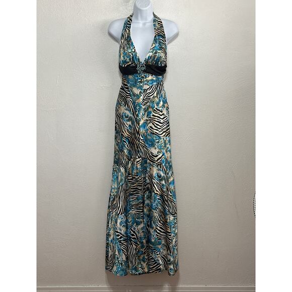VTG 90s Maxi Babydoll Dress 6 Blue Black Zebra Empire Waist Prom Formal Wedding